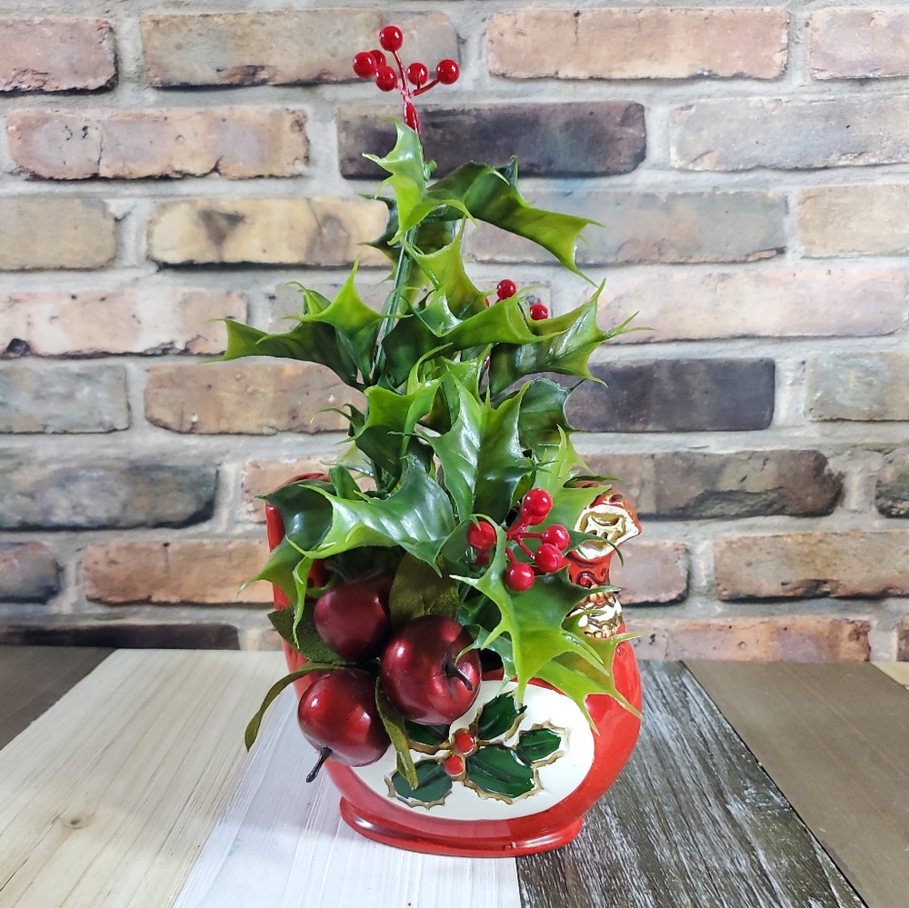 5" Christmas Holly Berry Red Quail Ceramic Planter